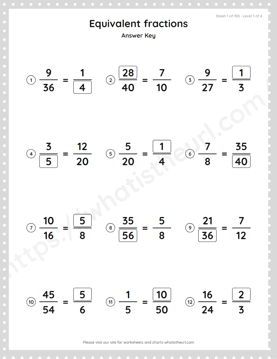 Grade 4 equivalent fractions - find the missing number answer key, sheet 1
