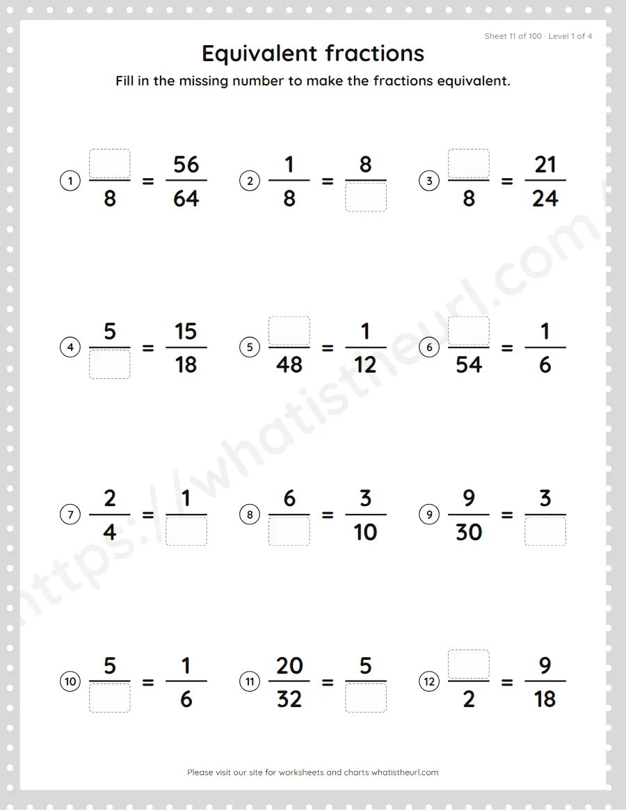 Grade 4 equivalent fractions - find the missing number worksheet, sheet 11