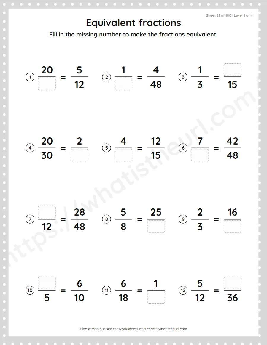 Grade 4 equivalent fractions - find the missing number worksheet, sheet 21