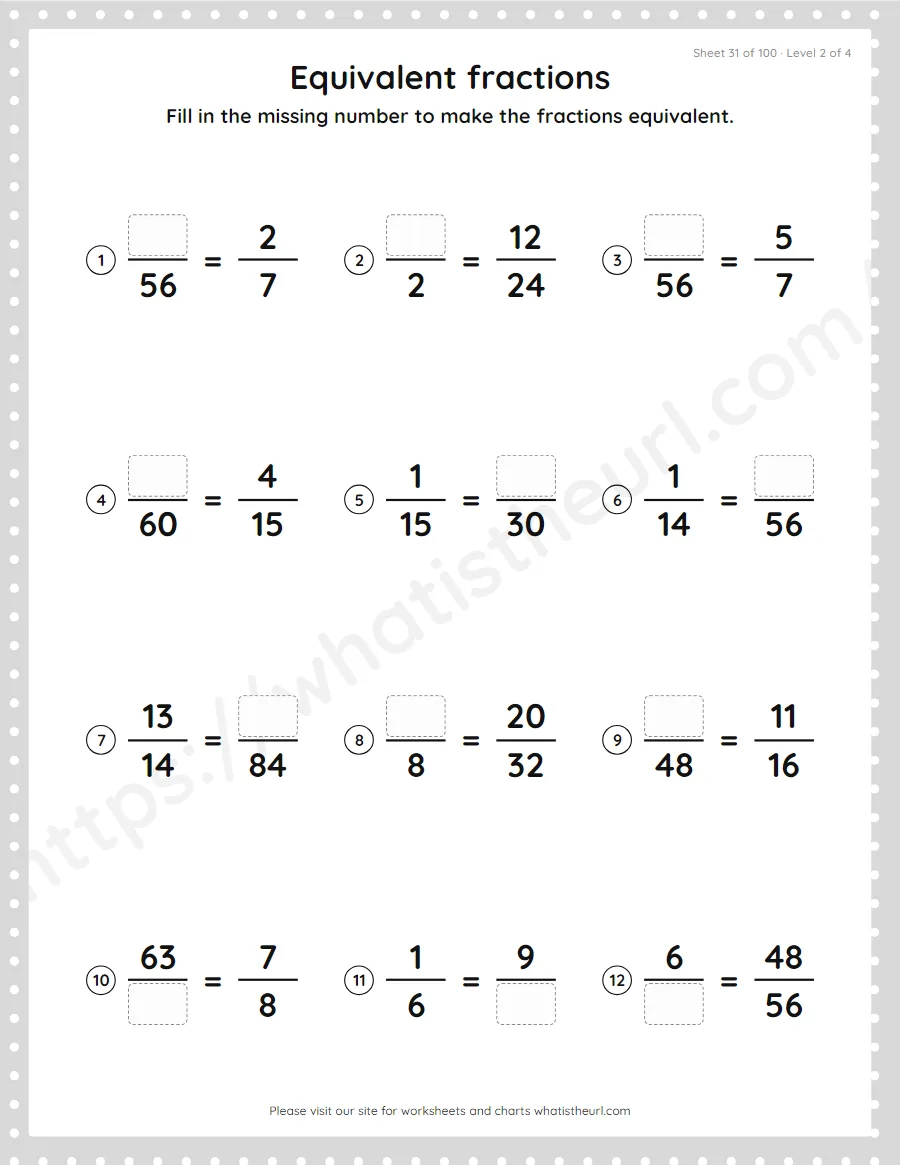 Grade 4 equivalent fractions - find the missing number worksheet, sheet 31