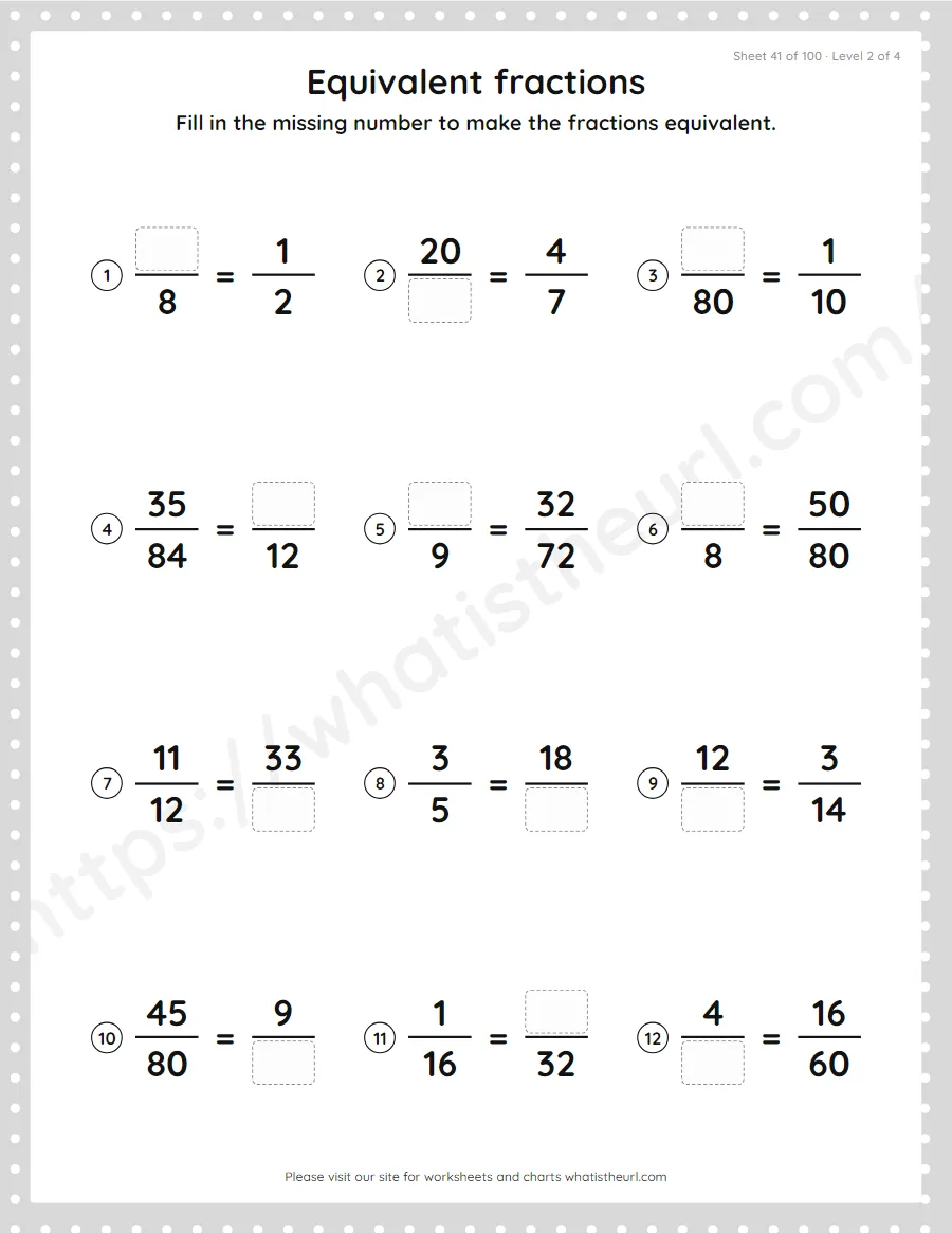 Grade 4 equivalent fractions - find the missing number worksheet, sheet 41