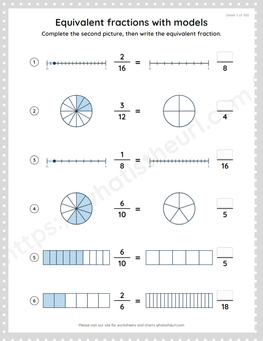 Grade 4 equivalent fractions with pictures and models worksheet, sheet 1