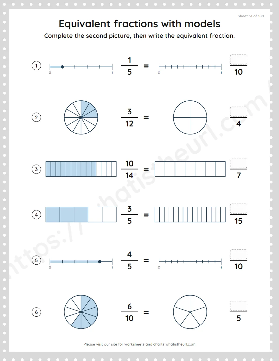 Grade 4 equivalent fractions with pictures and models worksheet, sheet 51