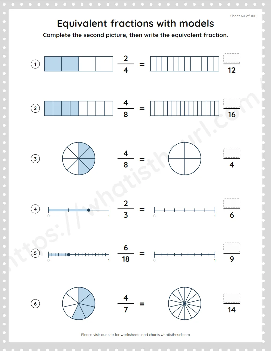 Grade 4 equivalent fractions with pictures and models worksheet, sheet 60
