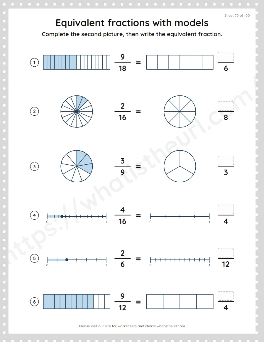 Grade 4 equivalent fractions with pictures and models worksheet, sheet 70