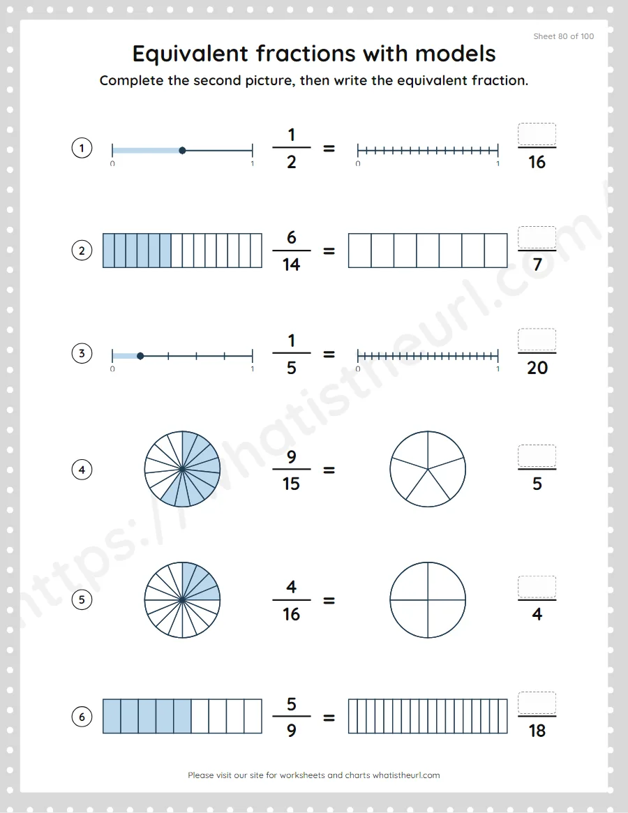 Grade 4 equivalent fractions with pictures and models worksheet, sheet 80