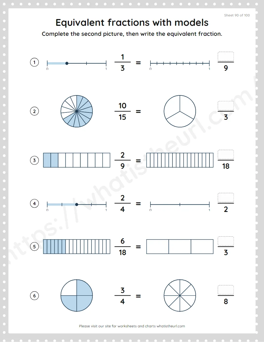 Grade 4 equivalent fractions with pictures and models worksheet, sheet 90