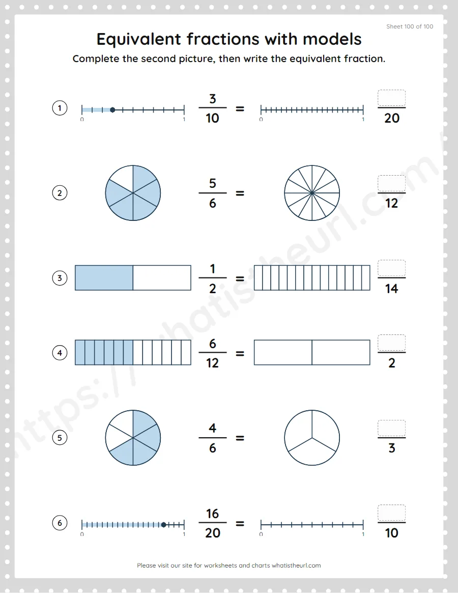 Grade 4 equivalent fractions with pictures and models worksheet, sheet 100