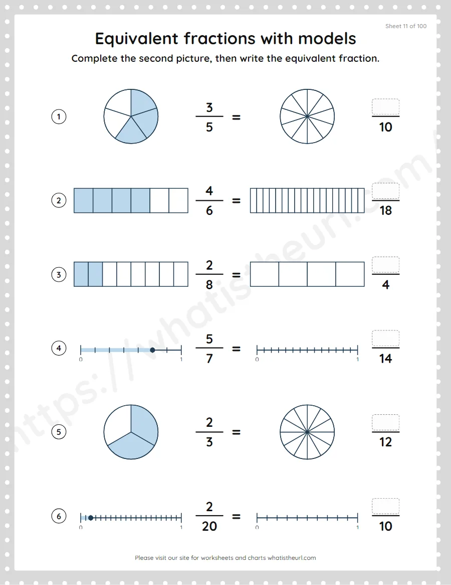 Grade 4 equivalent fractions with pictures and models worksheet, sheet 11