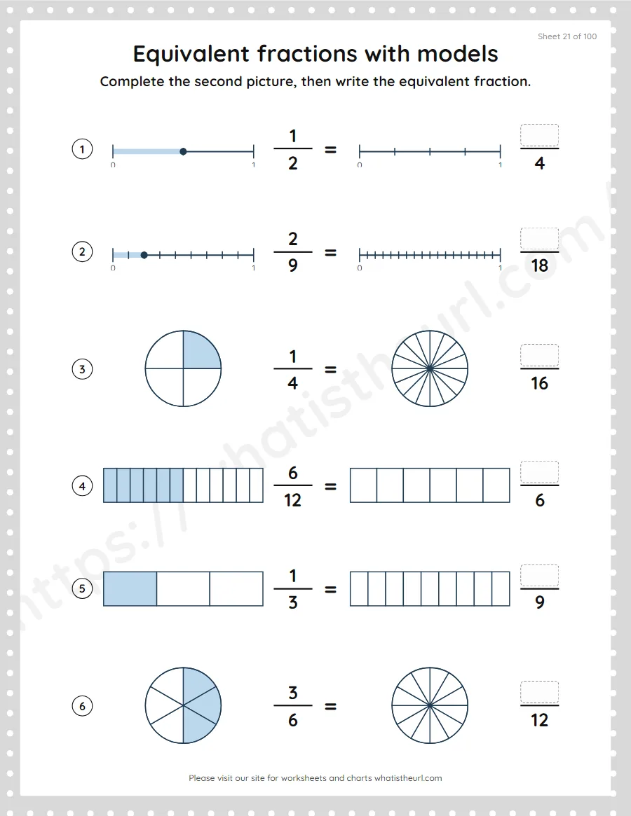 Grade 4 equivalent fractions with pictures and models worksheet, sheet 21