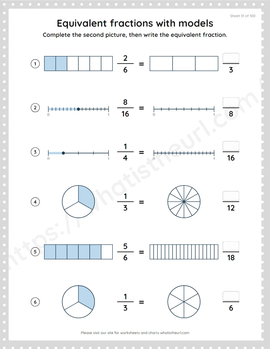 Grade 4 equivalent fractions with pictures and models worksheet, sheet 31