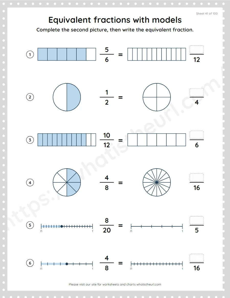 Grade 4 equivalent fractions with pictures and models worksheet, sheet 41