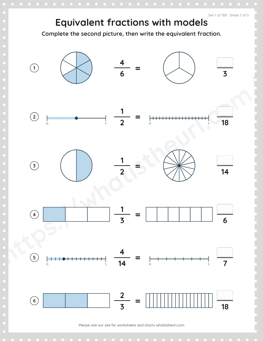 Grade 4 equivalent fractions with models worksheet, set 1