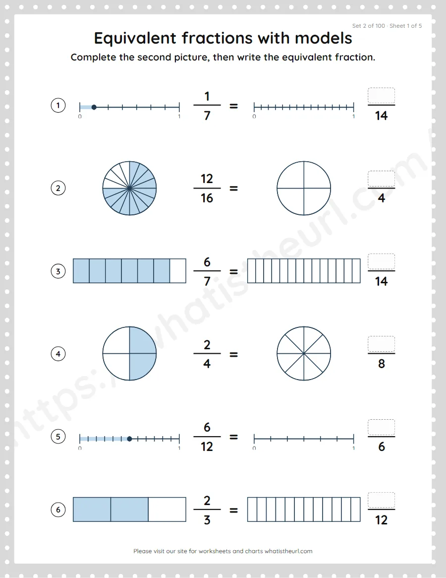 Grade 4 equivalent fractions with models worksheet, set 2