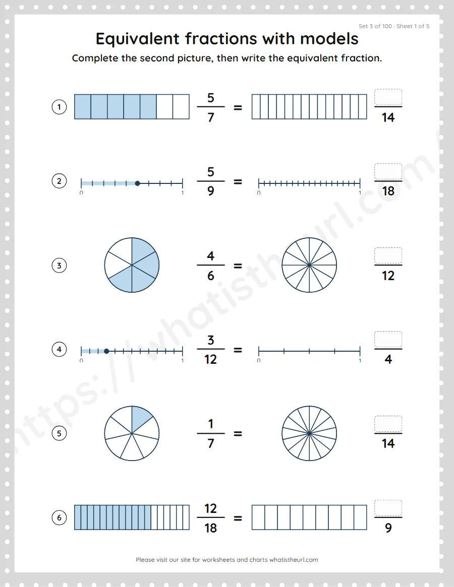 Grade 4 equivalent fractions with models worksheet, set 3