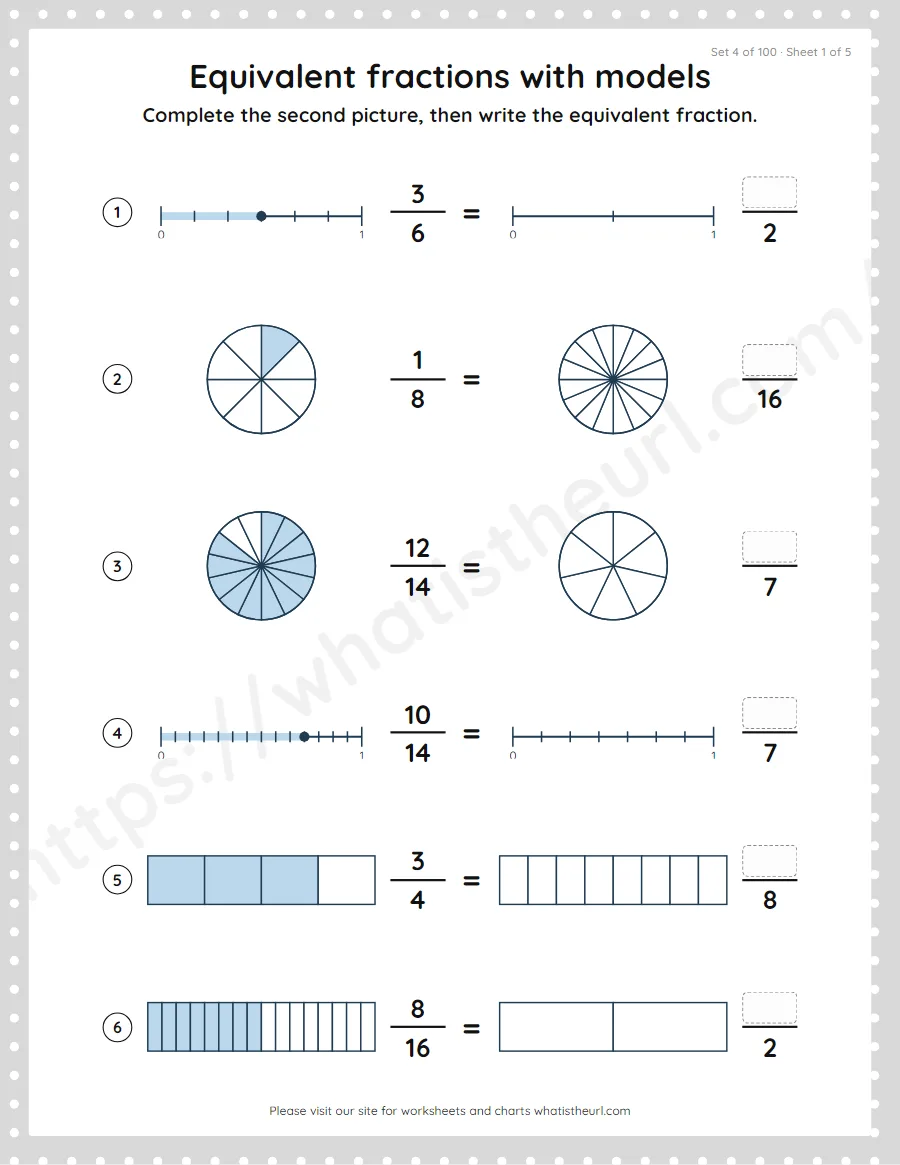 Grade 4 equivalent fractions with models worksheet, set 4