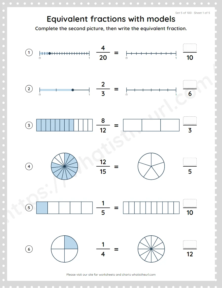 Grade 4 equivalent fractions with models worksheet, set 5