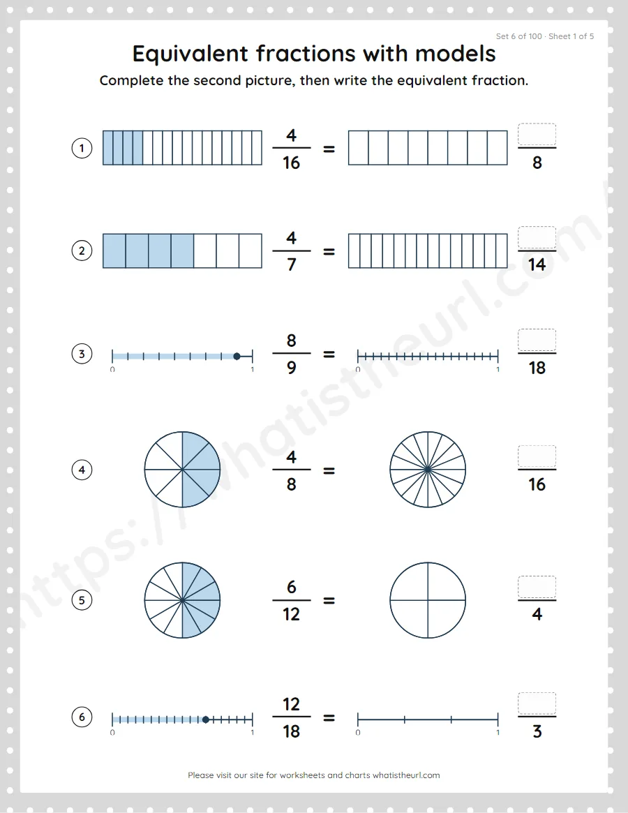Grade 4 equivalent fractions with models worksheet, set 6
