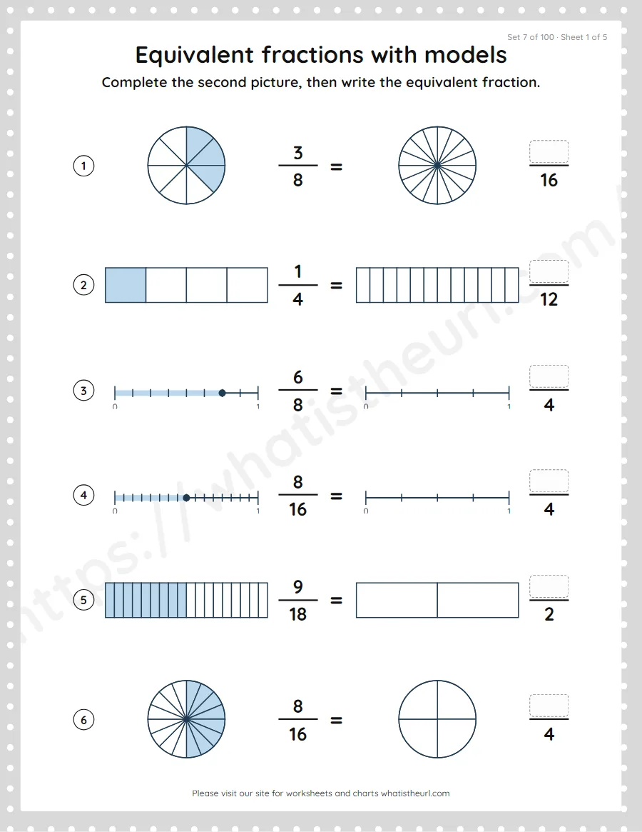 Grade 4 equivalent fractions with models worksheet, set 7
