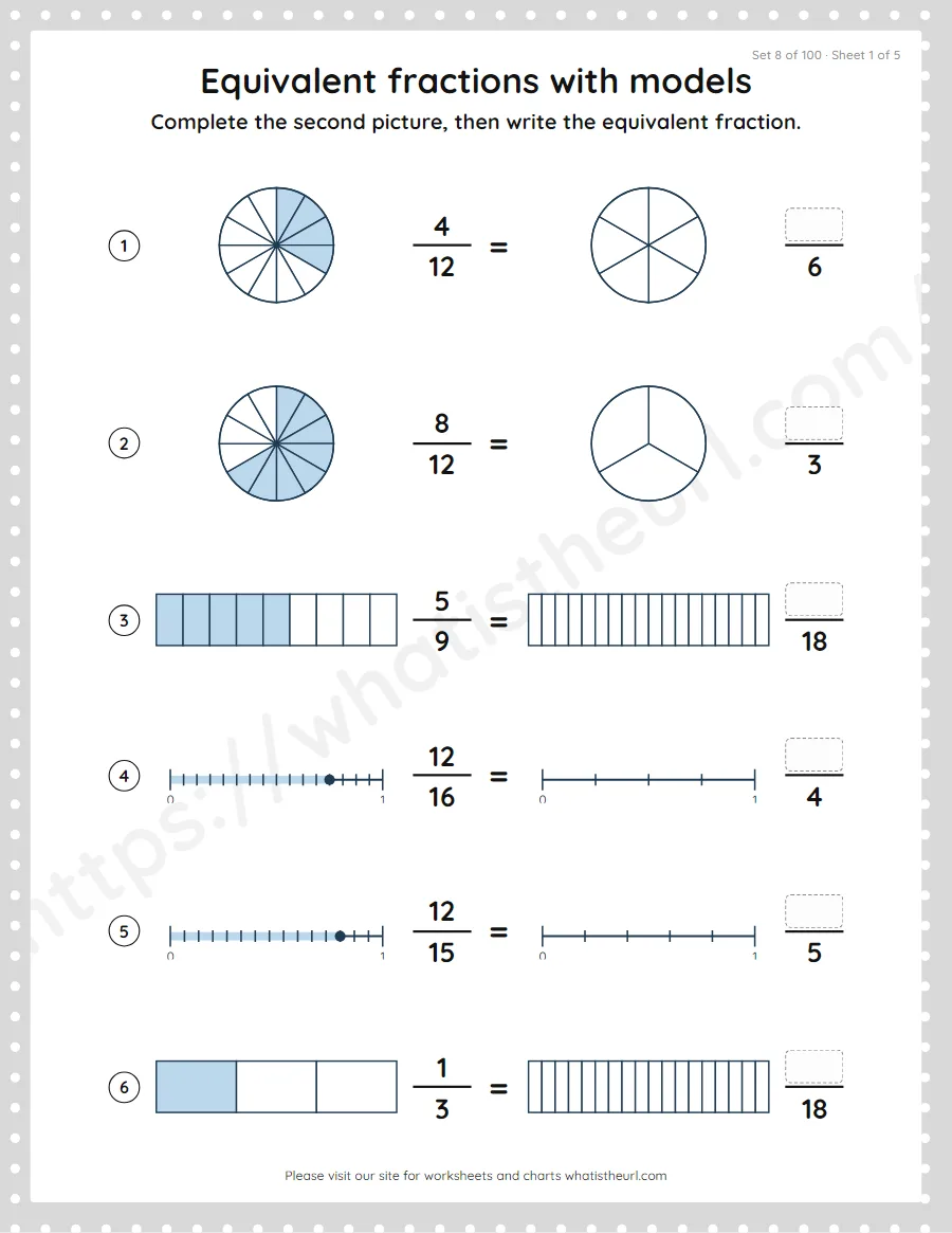 Grade 4 equivalent fractions with models worksheet, set 8
