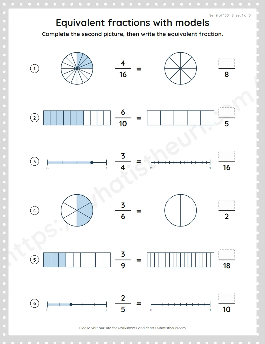 Grade 4 equivalent fractions with models worksheet, set 9