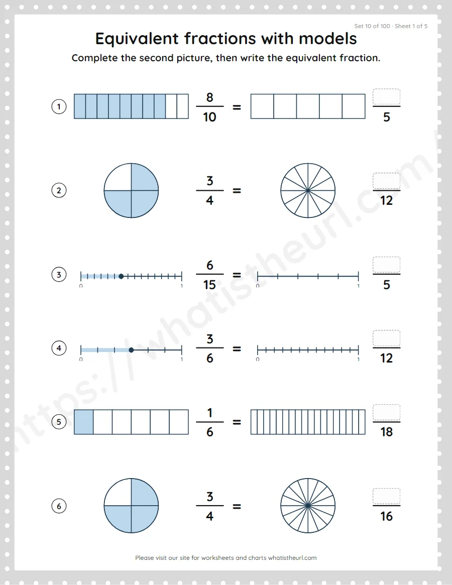 Grade 4 equivalent fractions with models worksheet, set 10