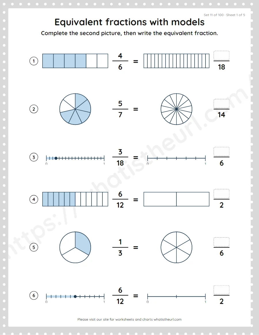 Grade 4 equivalent fractions with models worksheet, set 11