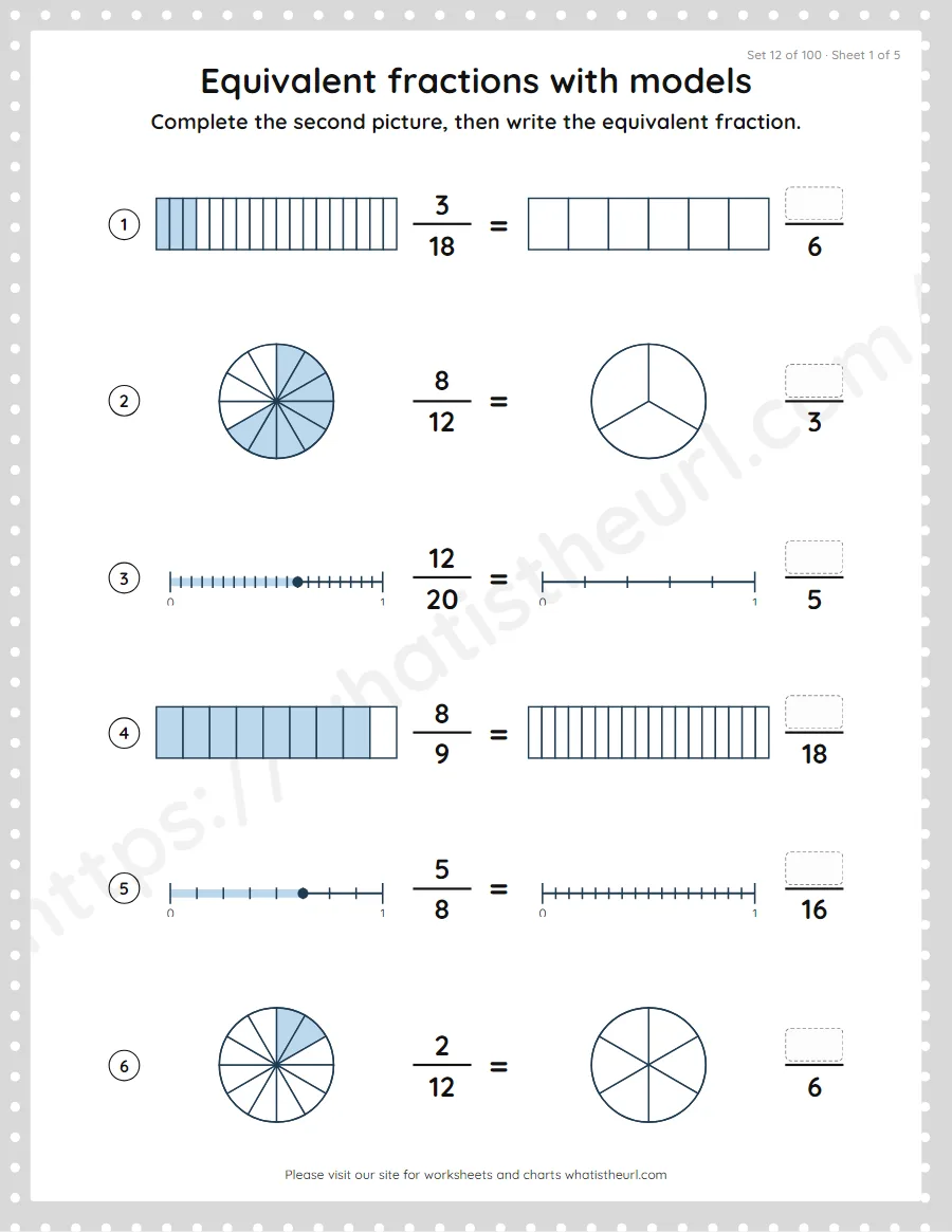 Grade 4 equivalent fractions with models worksheet, set 12