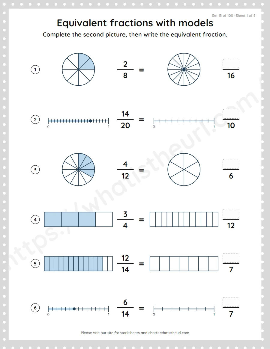 Grade 4 equivalent fractions with models worksheet, set 13