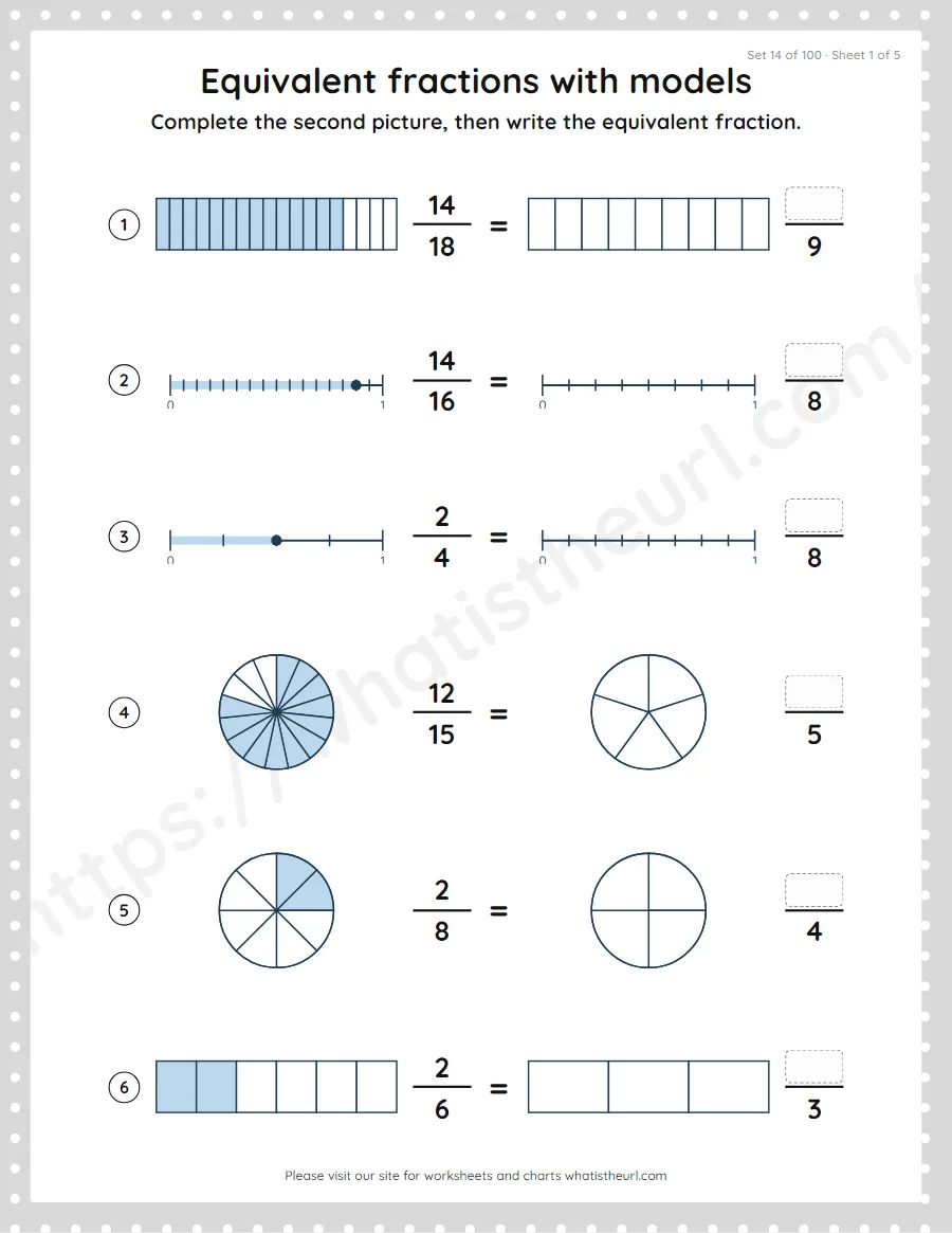 Grade 4 equivalent fractions with models worksheet, set 14