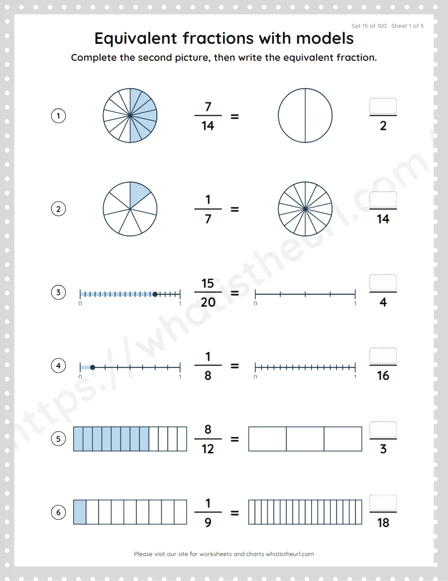 Grade 4 equivalent fractions with models worksheet, set 15