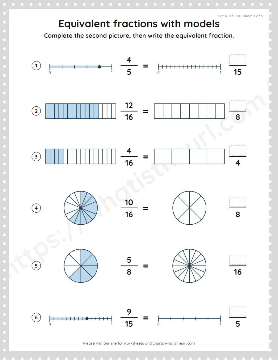 Grade 4 equivalent fractions with models worksheet, set 16