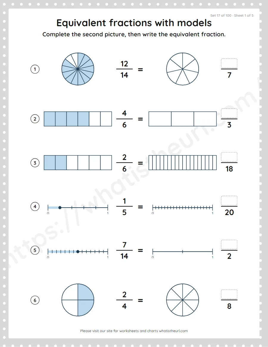 Grade 4 equivalent fractions with models worksheet, set 17