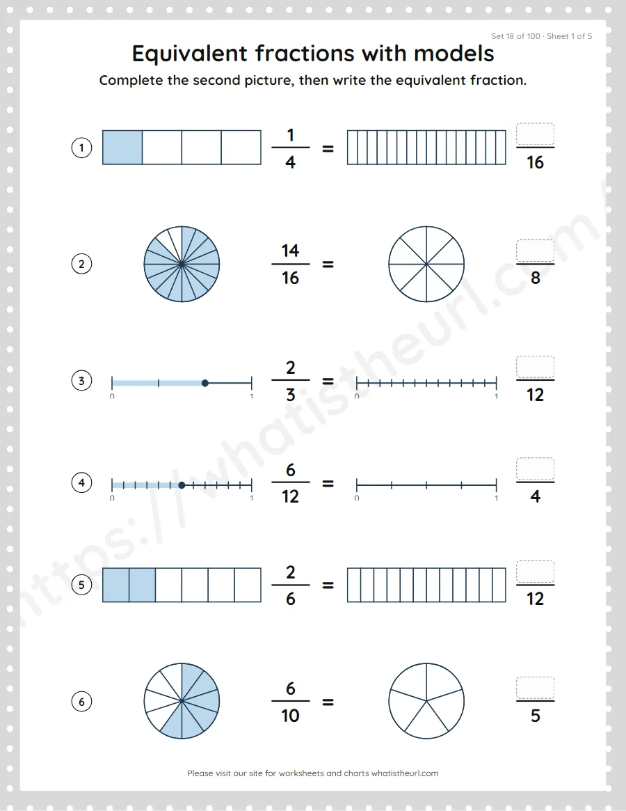 Grade 4 equivalent fractions with models worksheet, set 18