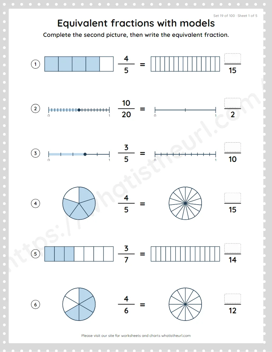 Grade 4 equivalent fractions with models worksheet, set 19