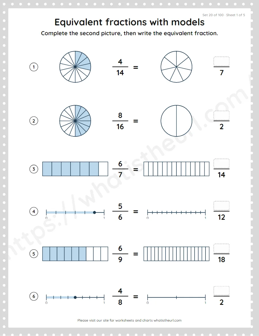 Grade 4 equivalent fractions with models worksheet, set 20