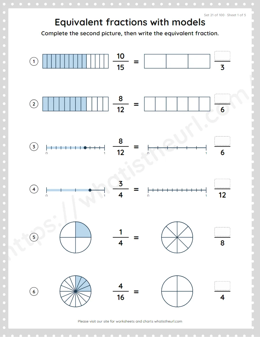 Grade 4 equivalent fractions with models worksheet, set 21