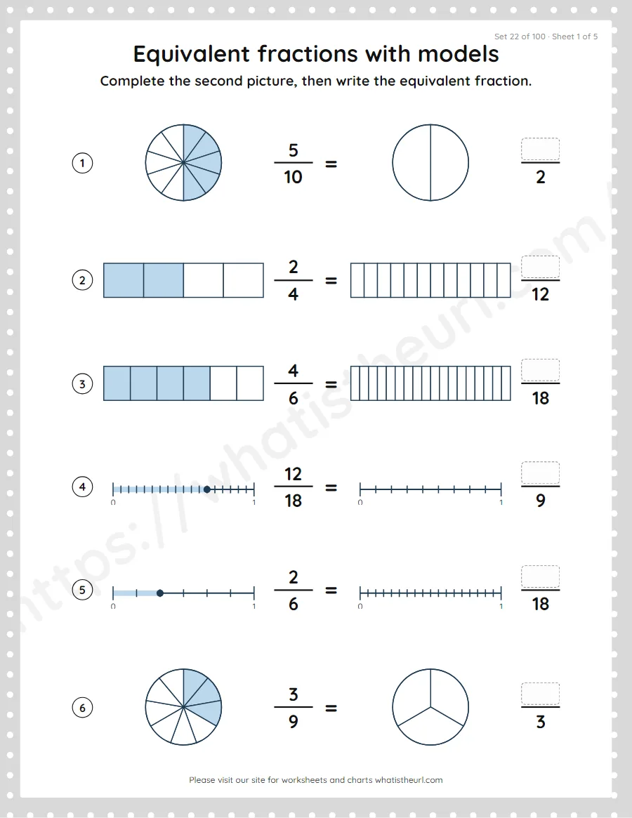 Grade 4 equivalent fractions with models worksheet, set 22