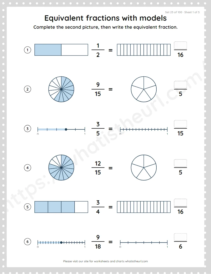 Grade 4 equivalent fractions with models worksheet, set 23