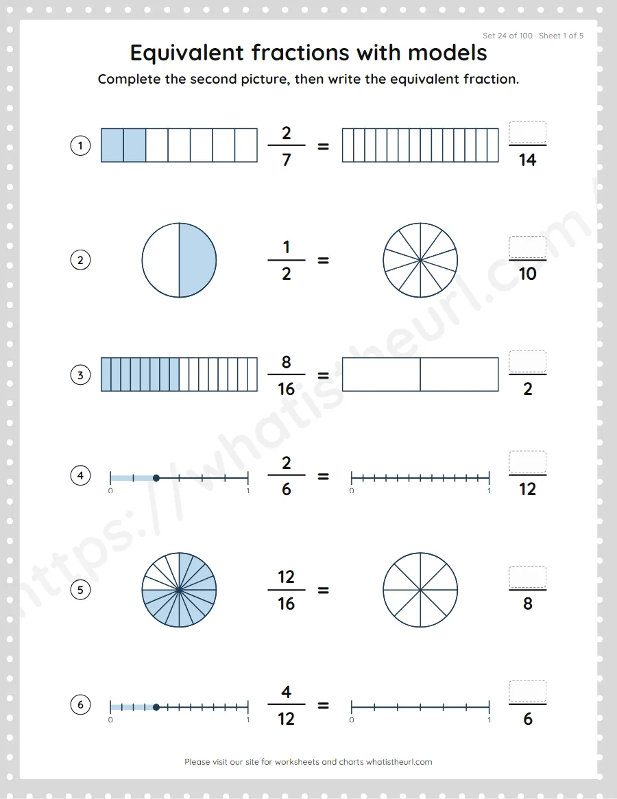 Grade 4 equivalent fractions with models worksheet, set 24