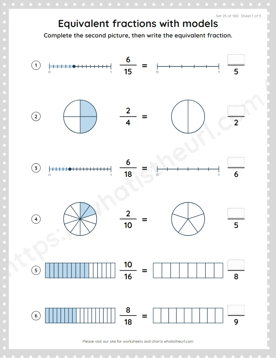 Grade 4 equivalent fractions with models worksheet, set 25