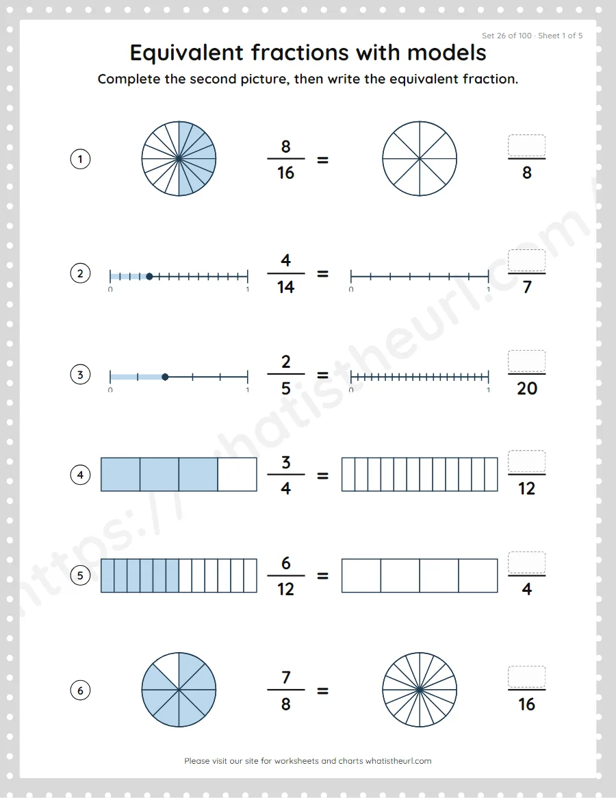 Grade 4 equivalent fractions with models worksheet, set 26