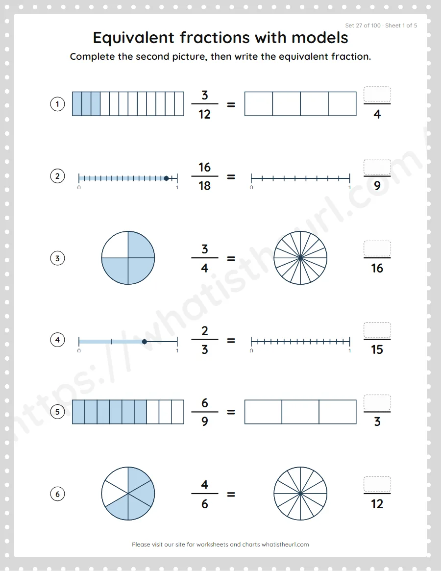 Grade 4 equivalent fractions with models worksheet, set 27