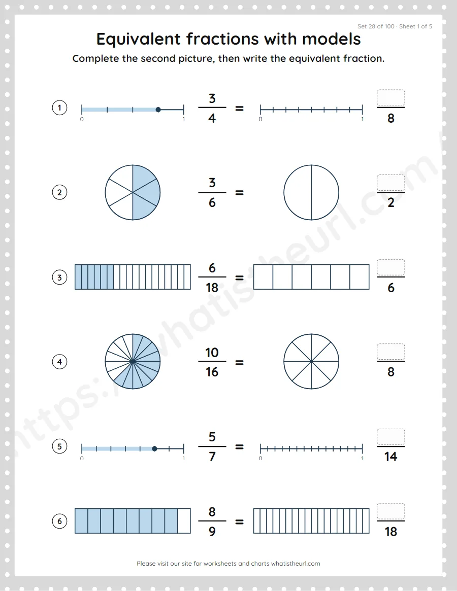 Grade 4 equivalent fractions with models worksheet, set 28
