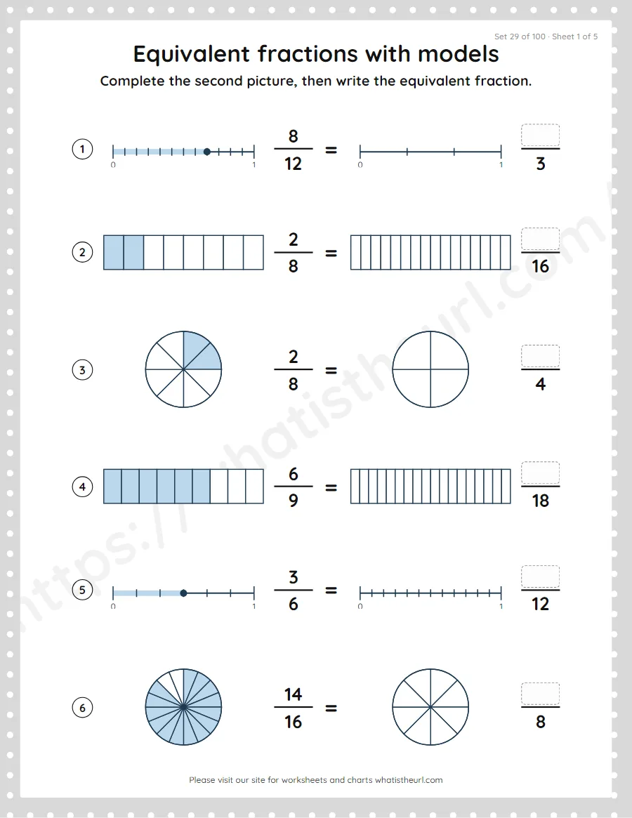 Grade 4 equivalent fractions with models worksheet, set 29