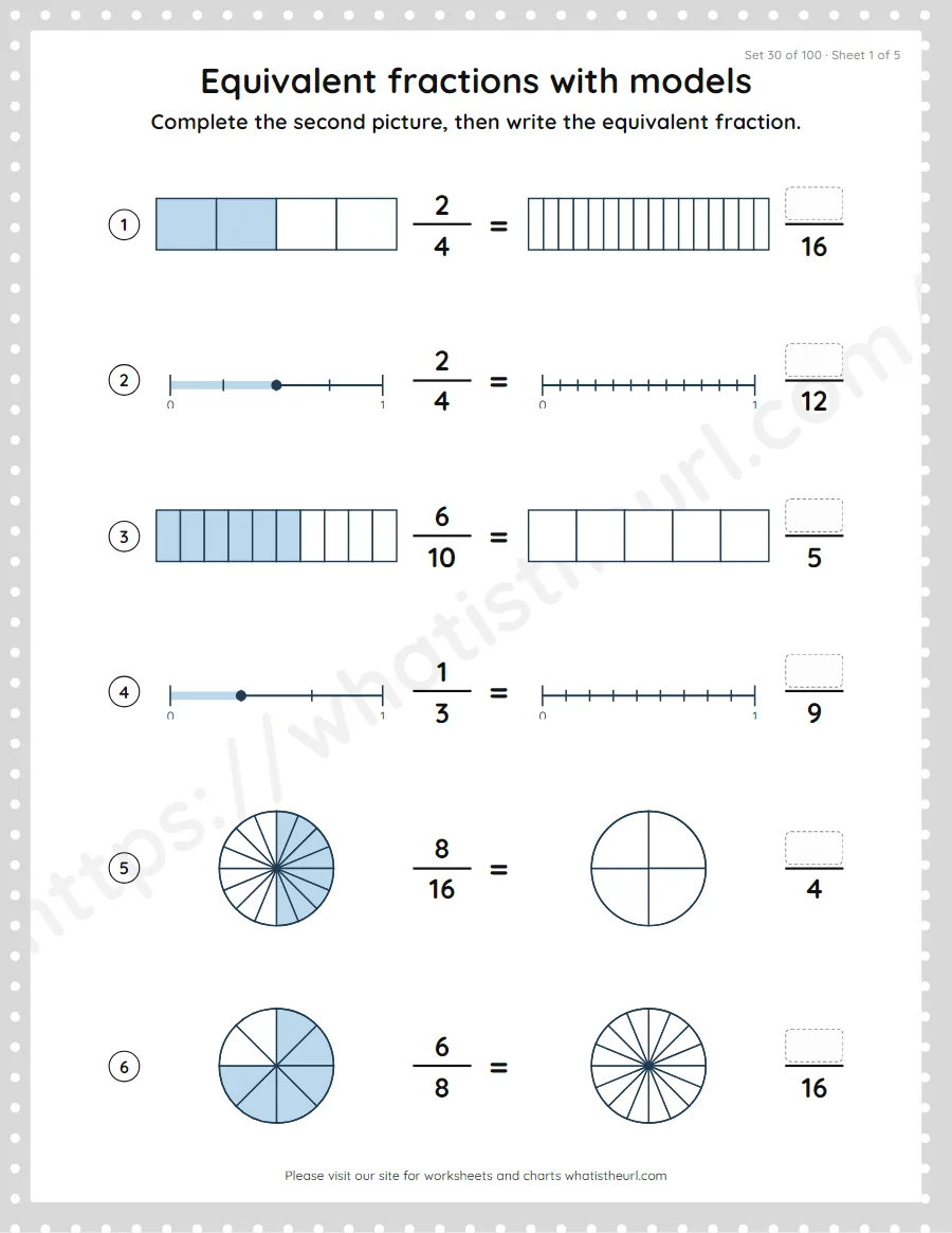 Grade 4 equivalent fractions with models worksheet, set 30
