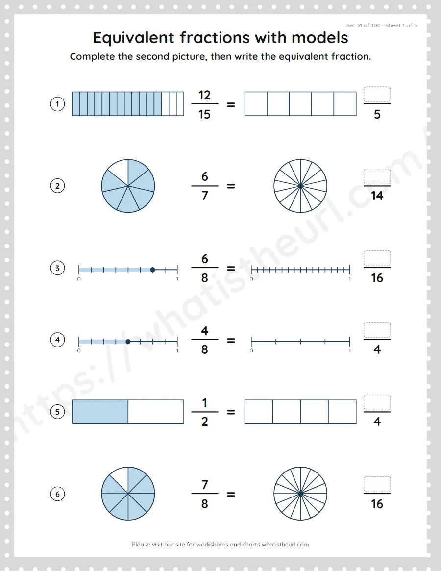 Grade 4 equivalent fractions with models worksheet, set 31