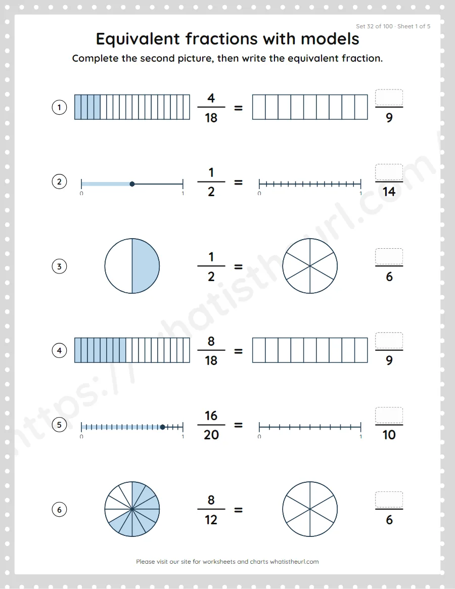 Grade 4 equivalent fractions with models worksheet, set 32
