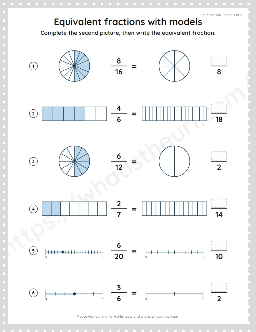 Grade 4 equivalent fractions with models worksheet, set 33