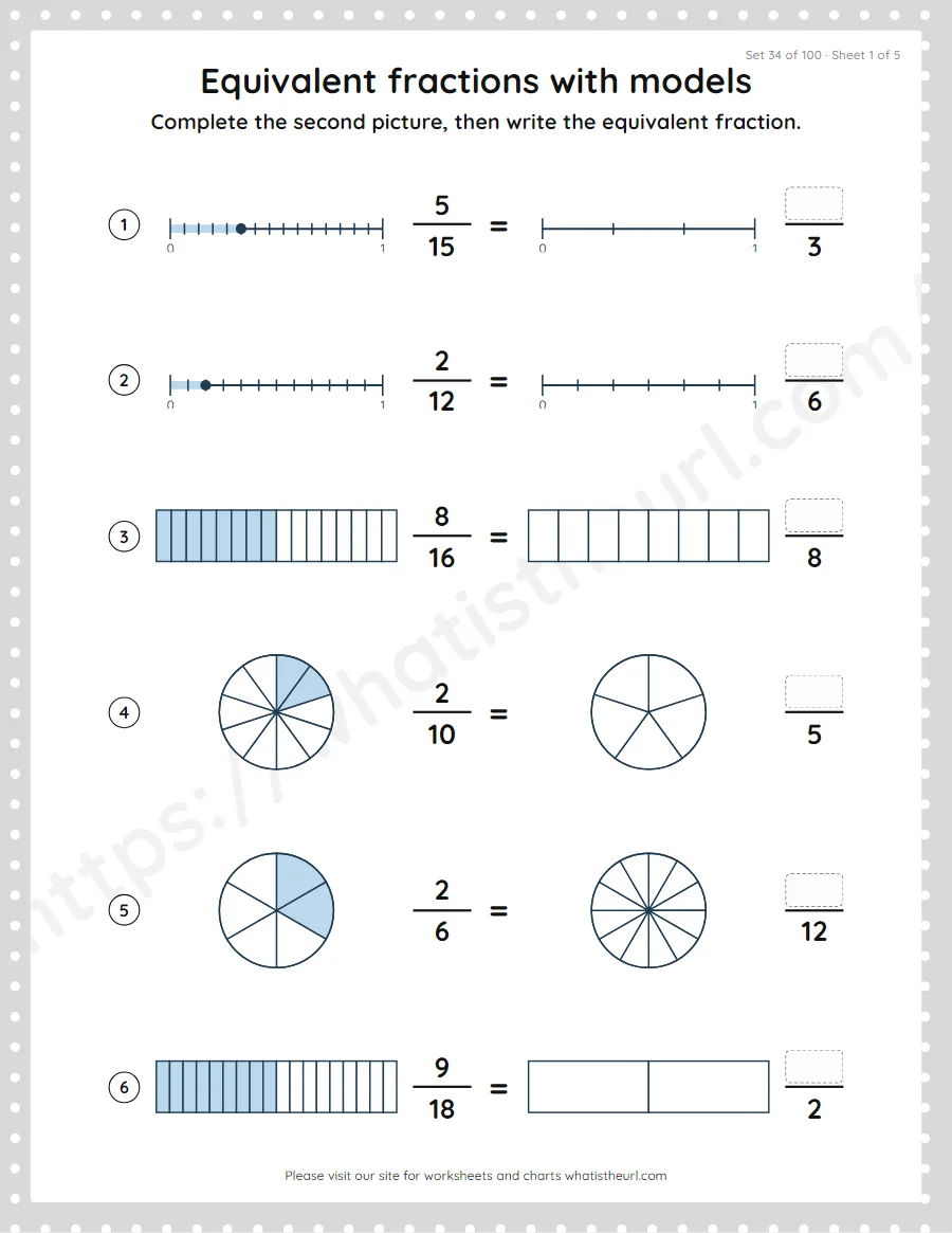 Grade 4 equivalent fractions with models worksheet, set 34